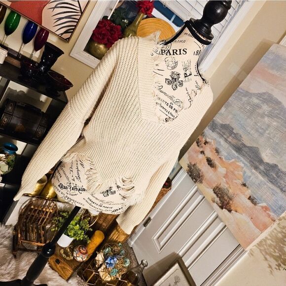 New Pookie & Sebastian Distressed Hem V- NeckCasual Crop Sweater Top. - Picture 11 of 14